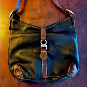 Black/brown trim leather handbag
